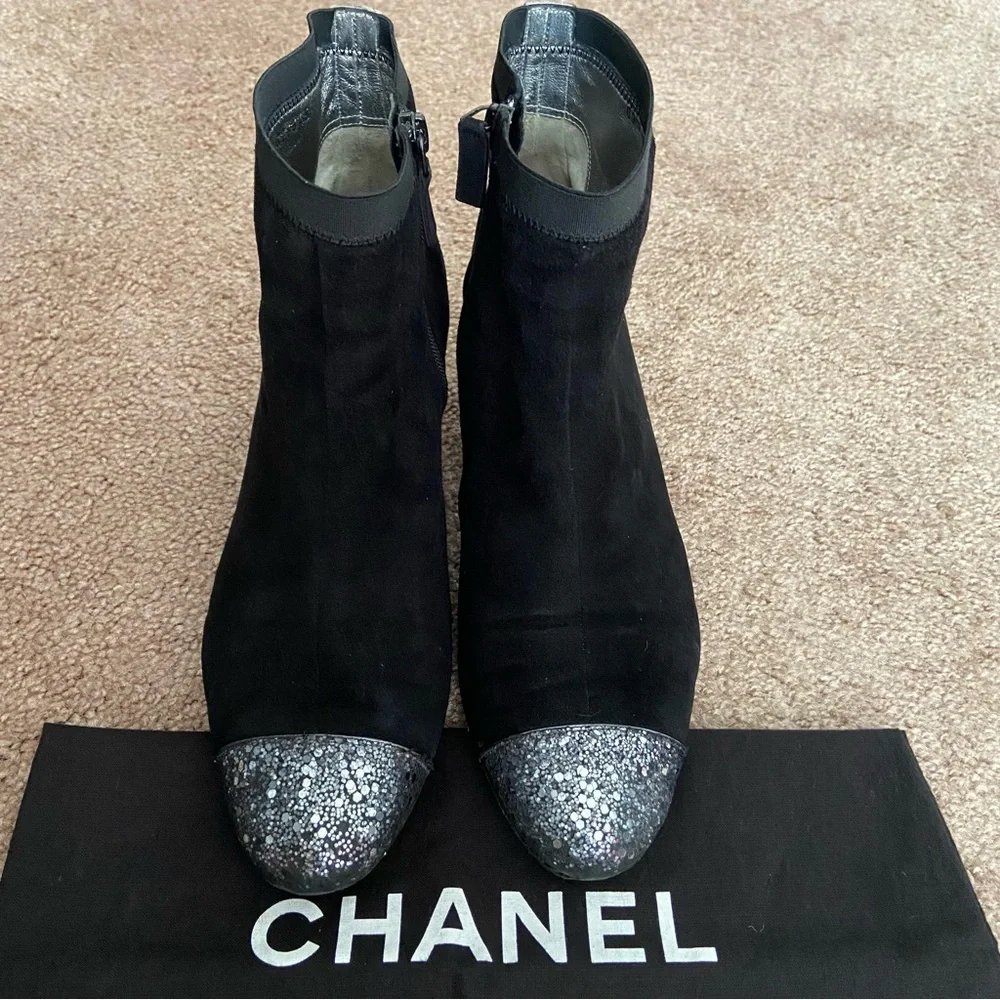 Chanel Black Suede Ankle Boots Booties with Glitters Heels and Toes